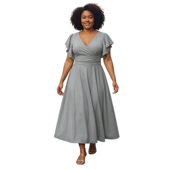 Dokotoo Dresses & Skirts - Dokotoo Aqua Gray Flutter Sleeve Midi Dress Women Size Medium V-Neck Fit & Flare